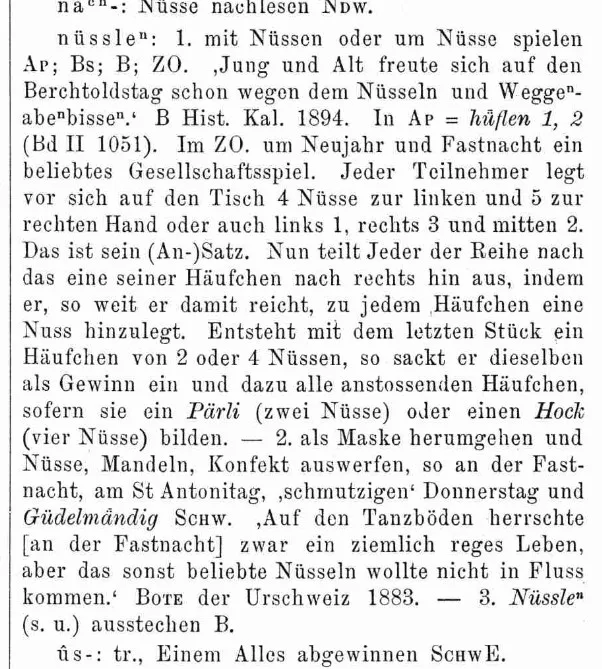 Genüsselt wurde auch in anderen Kantonen. Ein Eintrag im «Schweizerischen Idiotikon» zum Thema «Nüsseln».